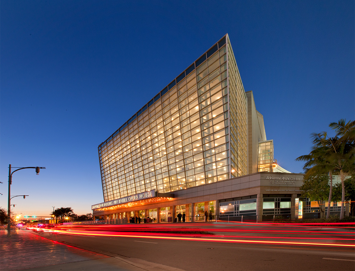 Architectural dusk view of the Miami Adrienne Arsht Center for Performing Arts.